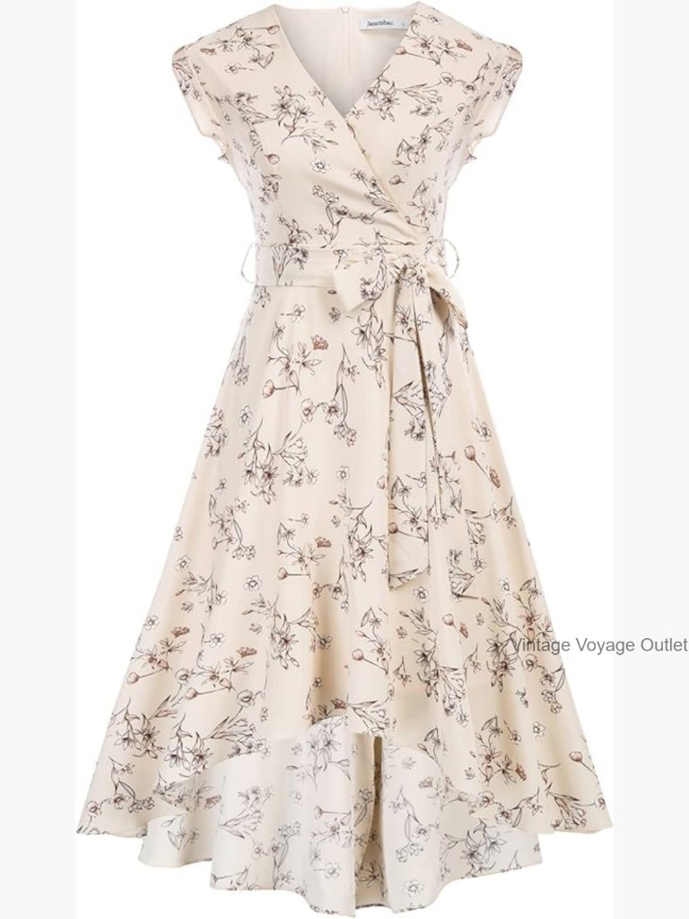 Floral High Low Midi Dress With Belt, Bohemian V-Neck, Wedding Guest